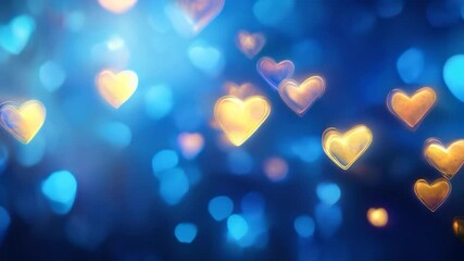 glowing golden hearts floating amidst a dreamy blue bokeh background