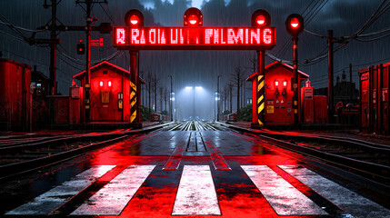 A train station with a red light at the end of the tracks
