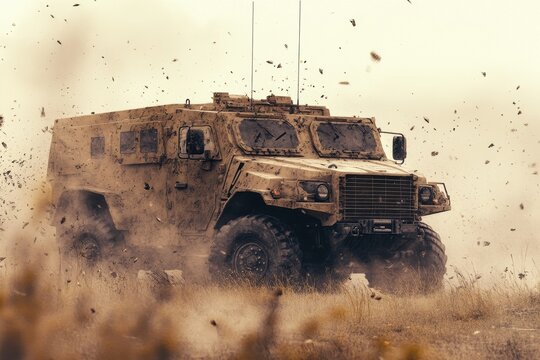 MRAP vehicle maneuvers through challenging terrain in a potentially hostile environment
