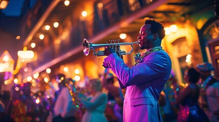 African American man playing trumpet at a vibrant Mardi Gras celebration in New Orleans. Concept of cultural festivals, street performances, and jazz music