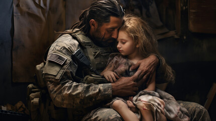 Soldier hugging sad little daughter while leaving for war. A man rescues and calms a frightened child during the fighting.