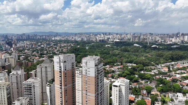 Aerial video above Parque Ibirapuera Sao Paulo on a sunny day