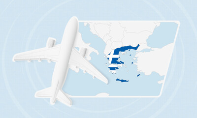 Greece Travel Illustration with Plane and National Flag. Airplane Flying Over Greece Map.