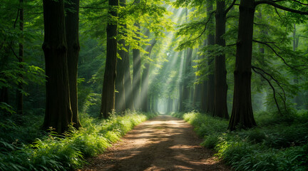 Fototapeta premium Sunlit Forest Path Symbolizing Peace and Connection with Nature