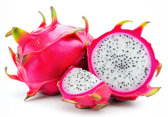 Whole and sliced dragon fruit on white background