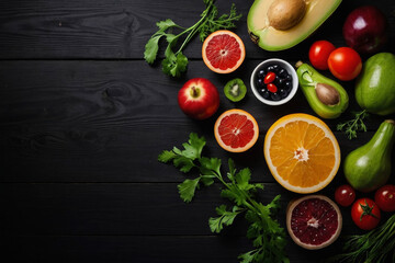 a top view from healthy food, vegetables, and fruits on a black wooden background.