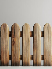 Close-up of a wooden picket fence on a neutral background.