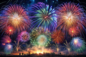 Obraz premium Vibrant fireworks display exploding over city skyline at night.