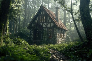 '  Small stone house in the woods on a path, foggy, with dense greenery. Use as scenery.