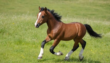 Energetic Young Horse Running Across a Lush Meadow