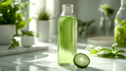 Obraz premium Bottle of cucumber water with a cucumber slice on a table.