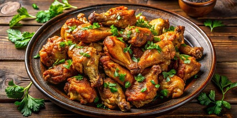 Crispy Fried Chicken Wings Platter with Fresh Herbs - Overhead Shot