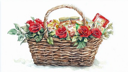 Fototapeta na wymiar Watercolor Art of a Wicker Basket Adorned with Red Roses and Jars. Concept of Floral Decoration, Gift Basket Ideas, Rustic Style