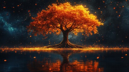 A luminous orange tree stands in a tranquil lake, surrounded by glowing particles in a cosmic scene.