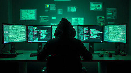 A mysterious hacker wearing a black hoodie, sitting in a dark room illuminated by multiple glowing monitors filled with green code and digital grids. The atmosphere is intense and cyberpunk-inspired.