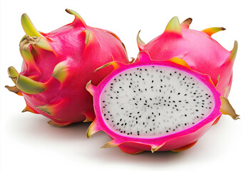 Dragon Fruit, Sliced and Whole on a White Background