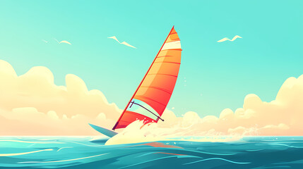 Windsurfing sport flat design side view coastal breeze animation complementary color scheme. Windshard. Illustration