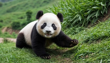 Obraz premium Playful Panda Cub on a Hillside Meadow