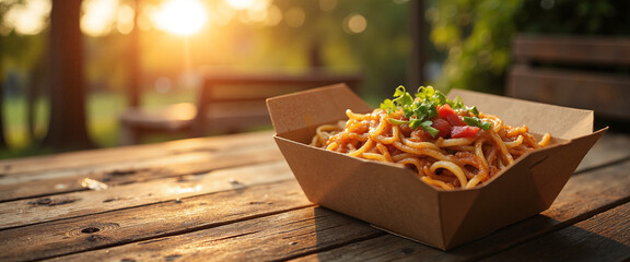 Eco-Friendly Food Packaging in a Natural Setting with Delicious Pasta Dish Highlighting Sustainable Dining Experience at Sunset