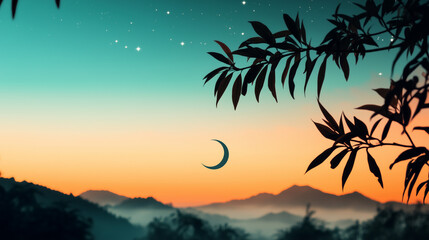 Fototapeta premium A tranquil Ramadan wallpaper featuring a soft crescent moon, gentle stars, and a minimalistic backdrop of warm, muted tones, evoking peace and spirituality.