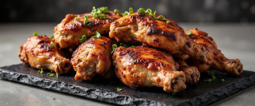Grilled chicken drumsticks garnished with fresh herbs displaying a mouthwatering shine on a dark slate serving board