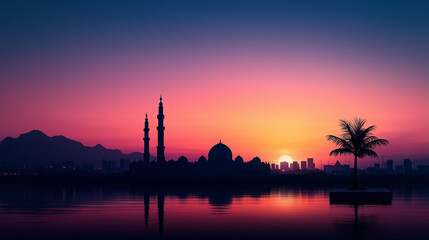 Clean and simple Ramadan illustration with a white silhouette of a mosque against a warm, pastel sunset sky, invoking a sense of spirituality and peace.