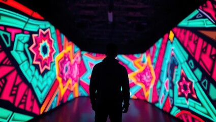 Obraz premium Person Silhouetted Against Vibrant Neon Art Installation