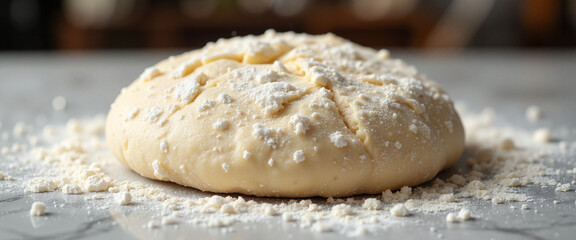 Fototapeta premium Homemade Pizza Dough with Flour Dusting on a Marble Surface Conveying a Sense of Culinary Craftsmanship