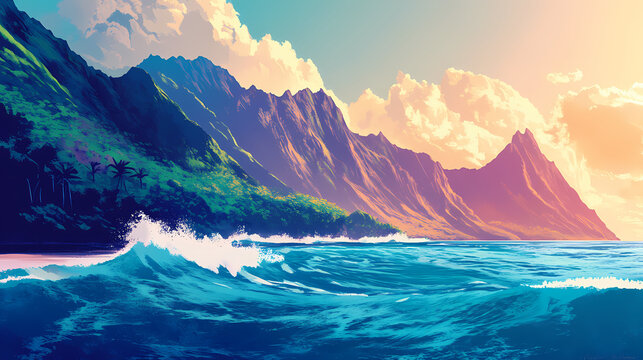Surreal landscapes of windward oahu: dreamy seascapes and lush mountains. Windshard. Illustration