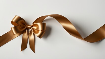 Fototapeta premium Elegant golden ribbon with satin bow on white background
