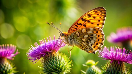 Obraz premium Dark Green Fritillary Butterfly on Thistle Flower with Birdsong - Stock Photo