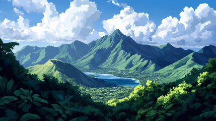 Lush mountain scenes from a ridge trail on oahu hawaii overlooking kaneohe kailua and the windward side of the island panoramic. Windshard. Illustration