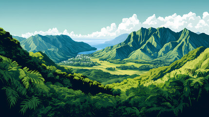 Fototapeta premium Lush mountain scenes from a ridge trail on oahu hawaii overlooking kaneohe kailua and the windward side of the island panoramic. Windshard. Illustration