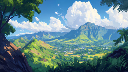 Lush mountain scenes from a ridge trail on oahu hawaii overlooking kaneohe kailua and the windward side of the island panoramic. Windshard. Illustration