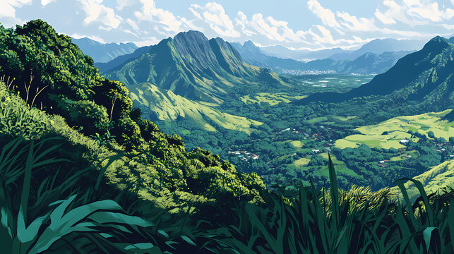 Lush mountain scenes from a ridge trail on oahu hawaii overlooking kaneohe kailua and the windward side of the island, high angle. Windshard. Illustration