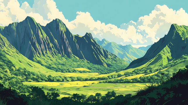 Oahu mountain landscape. panoramic view of green koolau mountains on windward oahu, hawaii. Windshard. Illustration