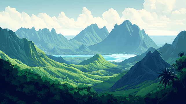 Oahu mountain landscape. panoramic view of green koolau mountains on windward oahu, hawaii. Windshard. Illustration
