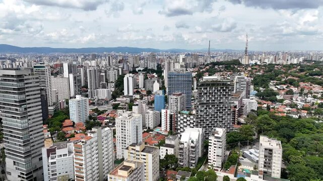 Aerial video above Parque Ibirapuera Sao Paulo on a sunny day