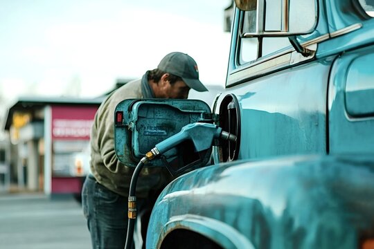 Man refueling a vintage blue pickup truck at a gas station, capturing themes of transportation, road trips, and the impact of fuel costs on travel and adventure - Powered by Adobe