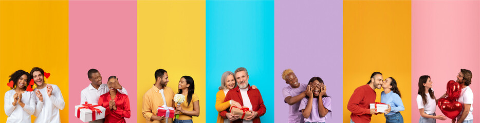 This joyful collage showcases diverse couples expressing love and happiness together. Each couple is seen sharing affectionate moments against vibrant backgrounds, capturing the essence of connection.
