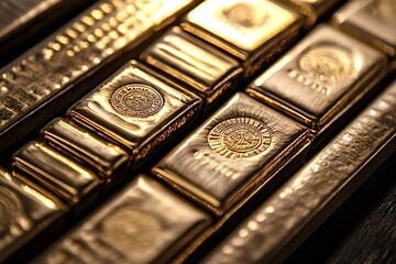Neatly stacked gold bars create a visually striking arrangement, symbolizing wealth, investment potential, and financial security while reflecting luxury and prosperity in the market