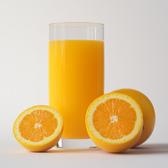 Glass of orange juice with whole and halved oranges on a white background