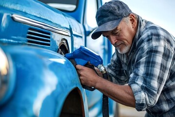 Concentrated senior farmer refueling his vintage blue truck on a sunny day, representing the timeless connection between man and machine in rural life