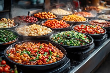 Obraz premium Delicious Asian cuisine buffet with various dishes.