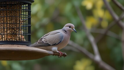 Naklejka premium Dove perched on bird feeder, close-up.