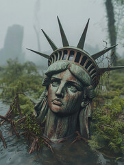 Abandoned Statue Liberty Decaying Dense Swamp Weathered Metal Surface Overgrown Vegetation Murky Waters Symbolic Scene Depicting Nature Reclamation Iconic Monument end world great flood new york USA
