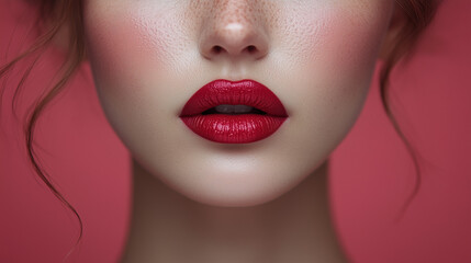 Obraz premium Close-Up of Korean Woman's Red Lips with Glossy Pink Lipstick, Perfect Skin