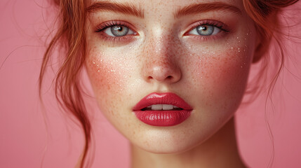 Close-Up of Korean Woman's Red Lips with Glossy Pink Lipstick, Perfect Skin