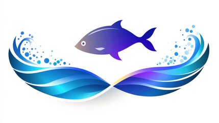Obraz premium Elegant Blue Fish Design with Abstract Ocean Waves and Water Droplets Symbolizing Marine Life and Aquatic Beauty on a White Background for Creative Inspirations