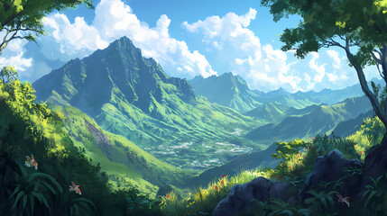 Description: lush mountain scenes from a ridge trail on oahu hawaii overlooking kaneohe kailua and the windward side of the island. Windshard. Illustration